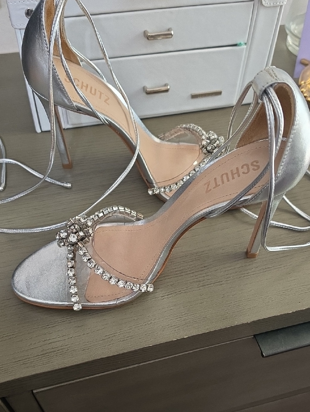 SCHUTZ Silver Crystal-Strap Lace-Up Stiletto Sandals - Picture 1 of 3